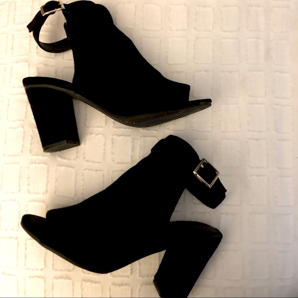 Lulus black suede peep toe heels (Wild Diva brand)